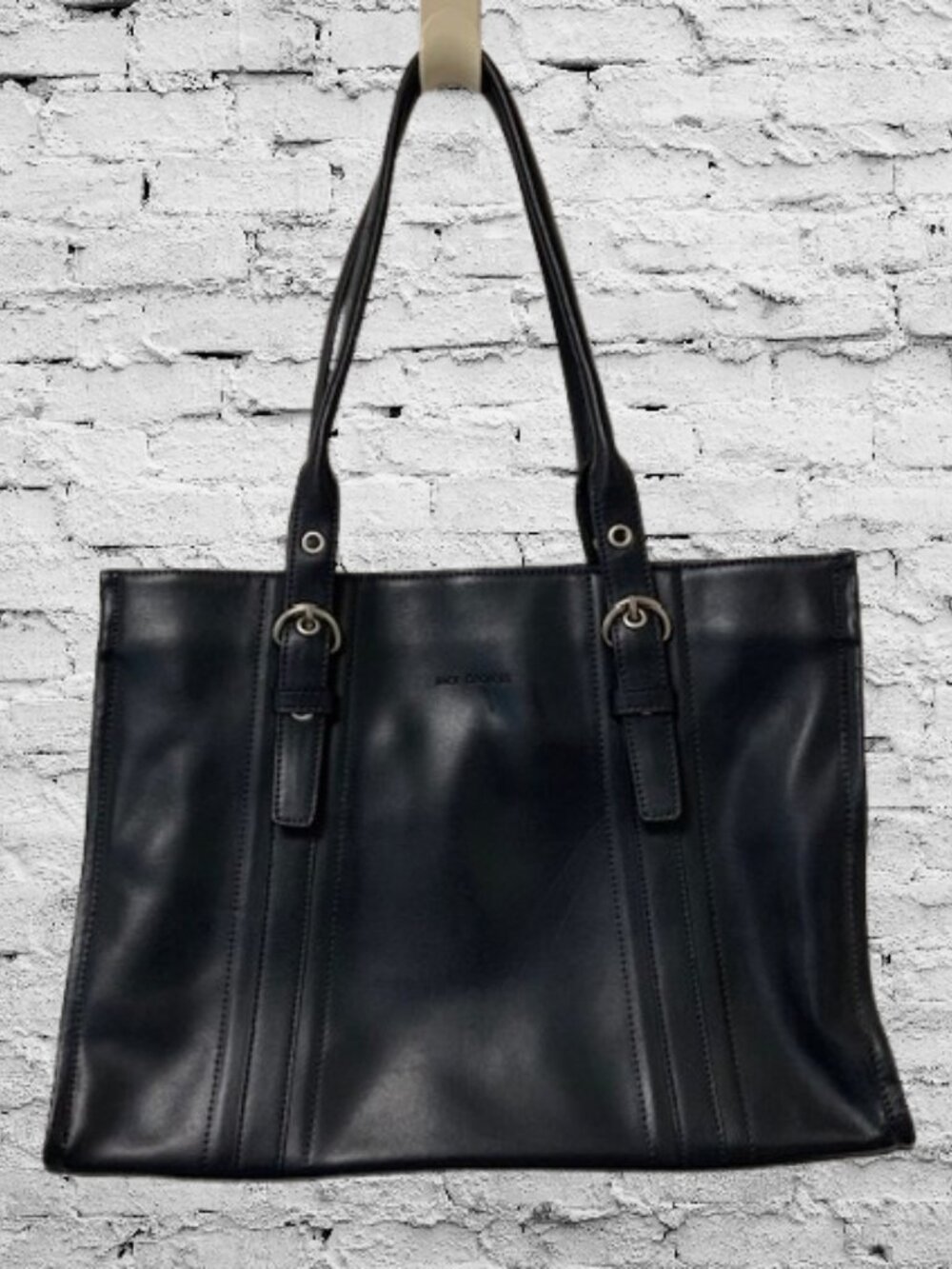 Jack Georges Black Italian Leather Tote Bag Double Handles w/buckles Vintage